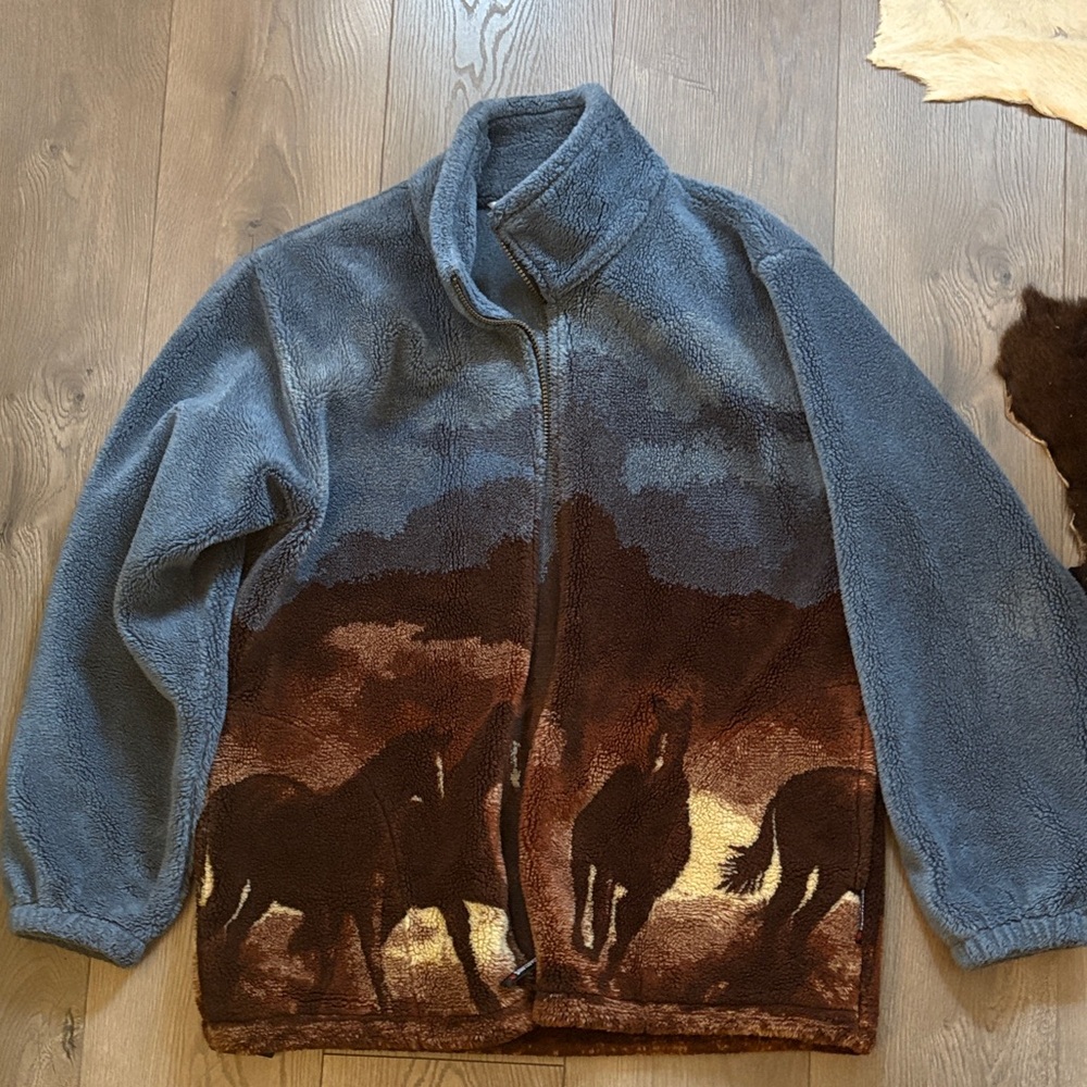 Vintage Blue and Brown Horse Print Fleece Jacket